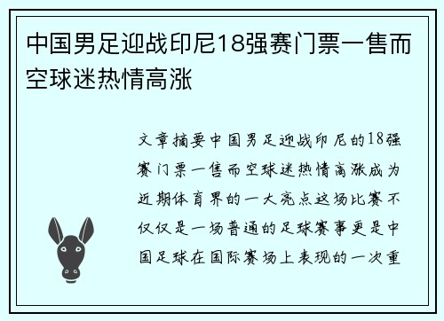 中国男足迎战印尼18强赛门票一售而空球迷热情高涨